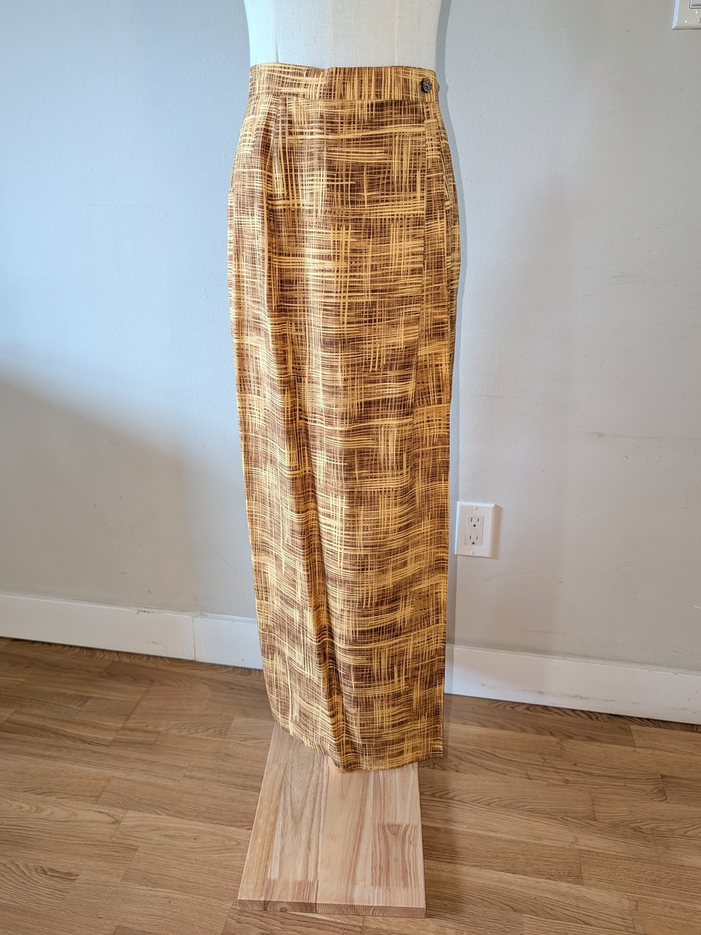 Vintage Silk Sunset Plaid Midi Skirt in Golden Yellow and Brown